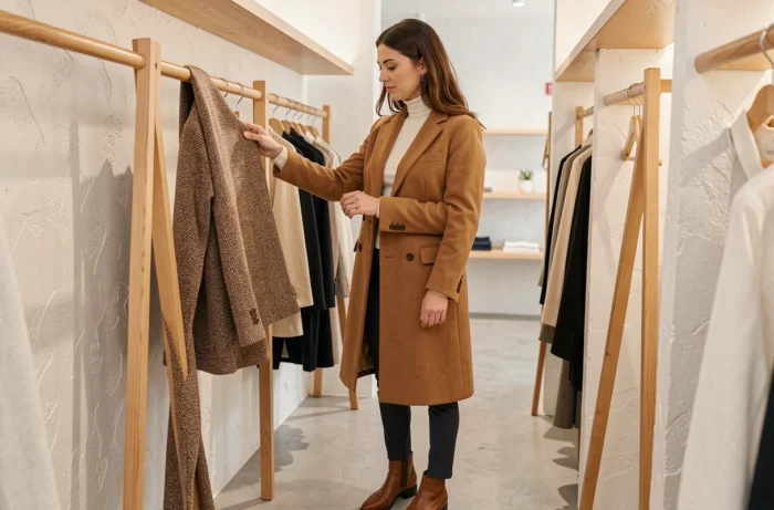 Femme élégante en manteau camel inspectant des vêtements dans une boutique de mode minimaliste