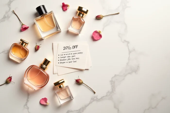 Flacons de parfum, bon de réduction et avis clients disposés en flat lay sur marbre