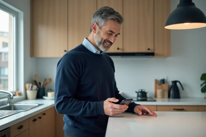 Homme consultant son compte Arkevia sur smartphone depuis sa cuisine, gestion de services en ligne