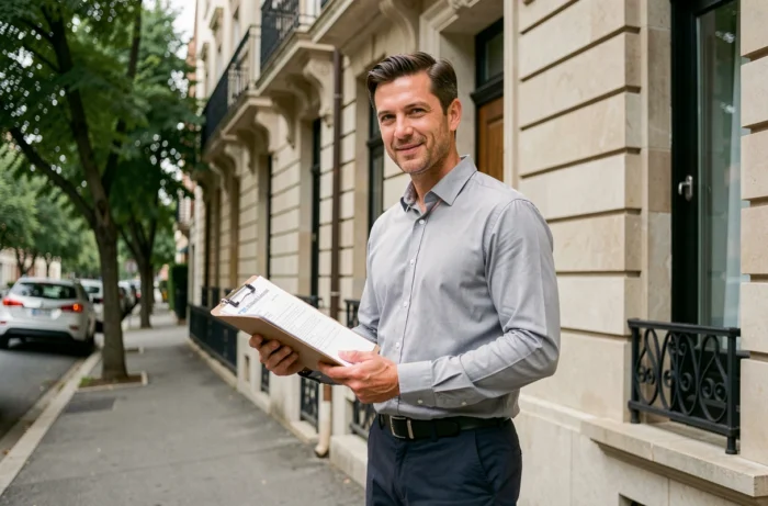 Gestionnaire immobilier présentant un immeuble résidentiel en location devant une façade en pierre dans une rue urbaine