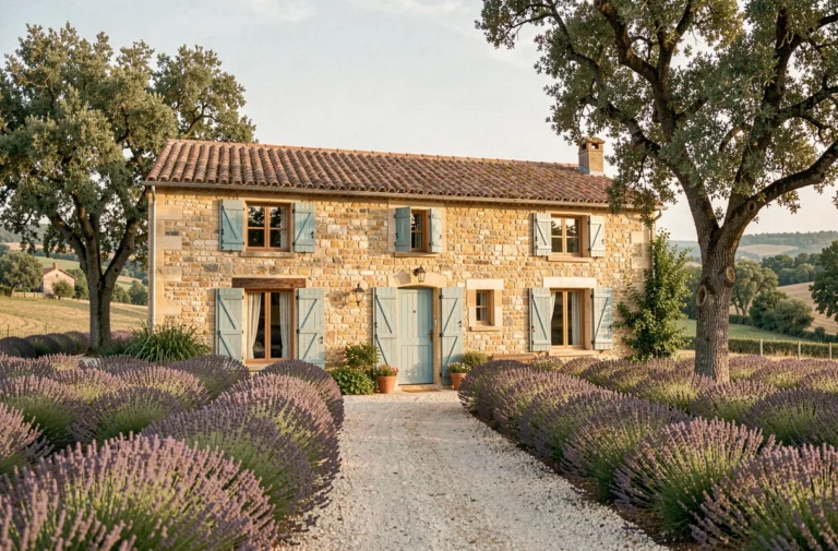 Gîte de campagne en pierre avec volets bleus et champs de lavande en Provence, hébergement authentique en France