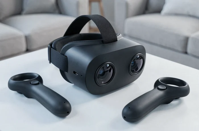 Gros plan du casque VR Pico 5 et de ses contrôleurs posés sur une surface blanche