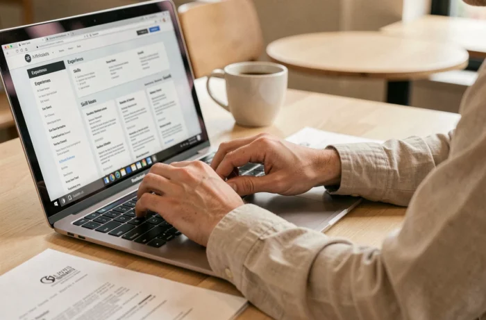 Gros plan sur des mains tapant sur un clavier d'ordinateur pour rédiger un CV en ligne dans un café