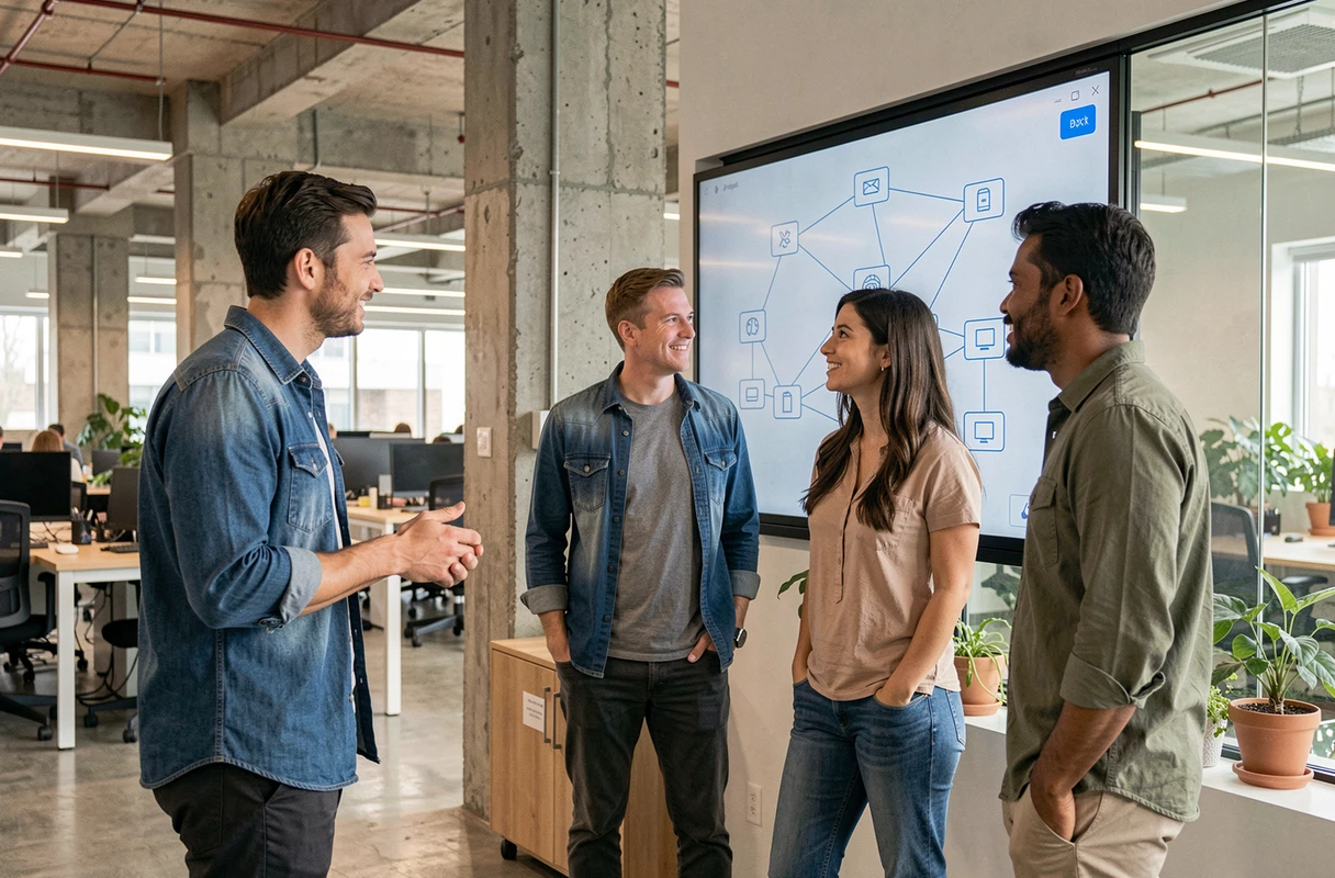 Groupe de collègues découvrant ensemble un schéma de fonctionnement d'Internet sur un écran interactif en open space
