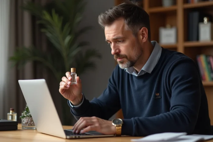 Homme consultant un site de grande parfumerie en ligne depuis son bureau à domicile