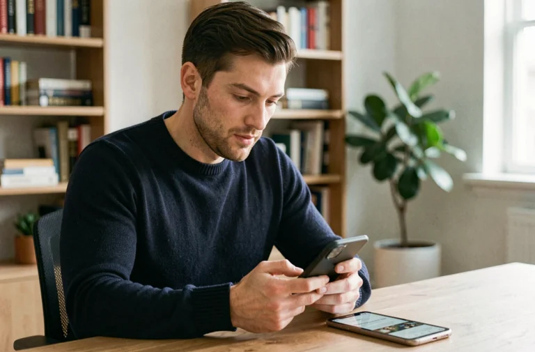 Homme consultant les dernières actualités Android sur son smartphone depuis un bureau moderne à domicile