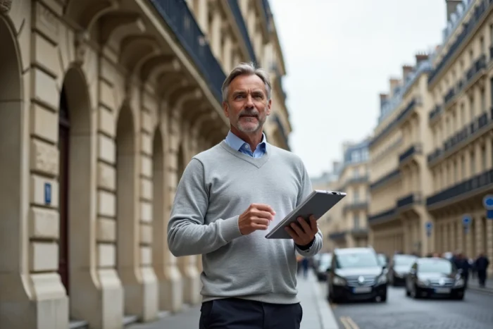Homme analysant un immeuble haussmannien parisien pour un investissement immobilier