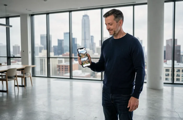 Homme consultant une application immobilière sur smartphone dans un appartement moderne avec vue sur la ville