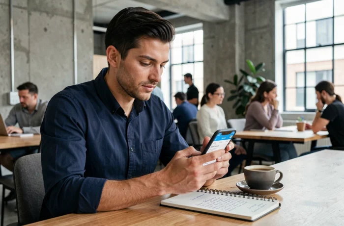 Homme consultant une application de recherche d'emploi sur son smartphone dans un espace de coworking