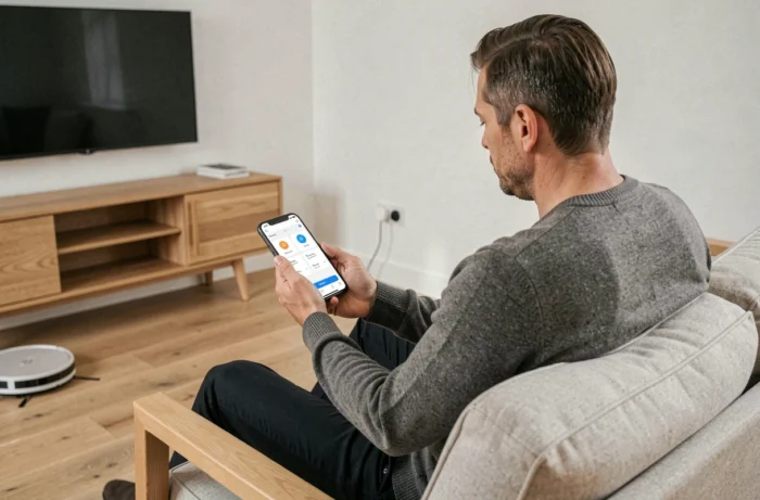 Homme contrôlant des objets connectés depuis une application smartphone dans un salon moderne style scandinave