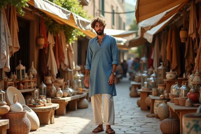 Homme bohème en lin et sandales explorant un marché vintage aux antiquités et textiles brodés dans une ruelle pavée ensoleillée