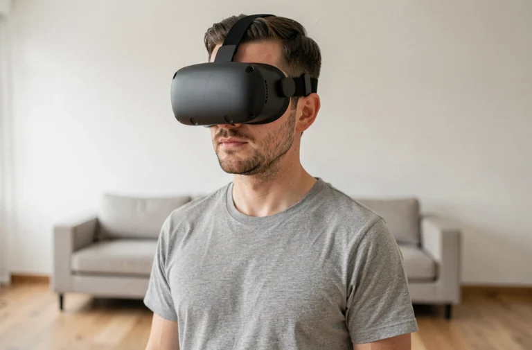 Homme portant un casque de réalité virtuelle Pico 5 dans un salon moderne minimaliste
