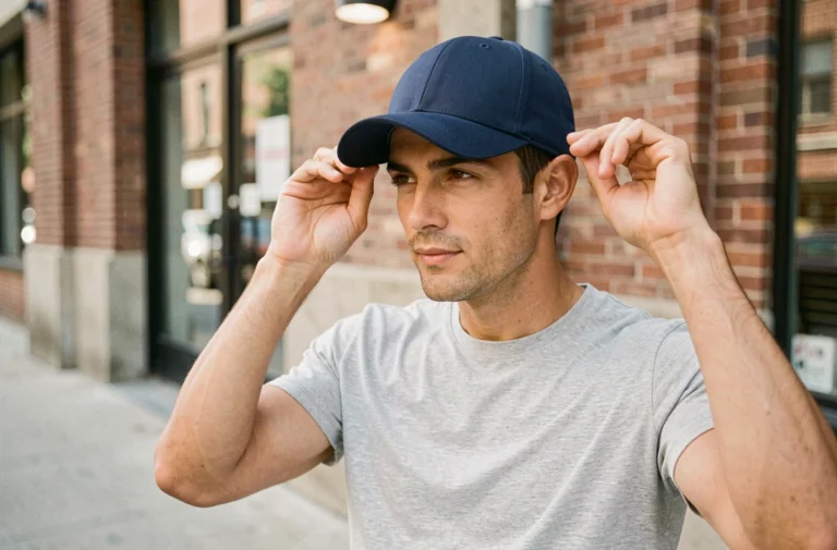 Homme portant une casquette bleue bien ajustée en milieu urbain, illustrant comment choisir la bonne taille de casquette homme