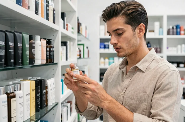 Jeune homme dans la vingtaine examinant un sérum de soin dans une pharmacie moderne, entouré de produits de beauté masculins organisés sur des étagères blanches épurées
