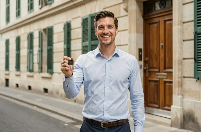 Jeune homme tenant les clés de son nouvel appartement lors de son installation dans une nouvelle ville en France