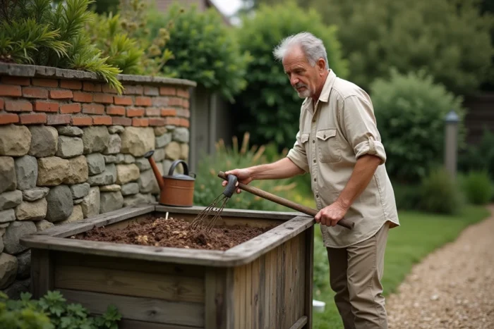 Homme qui retourne du compost dans un bac en bois au fond d'un jardin entretenu avec une fourche de jardinage