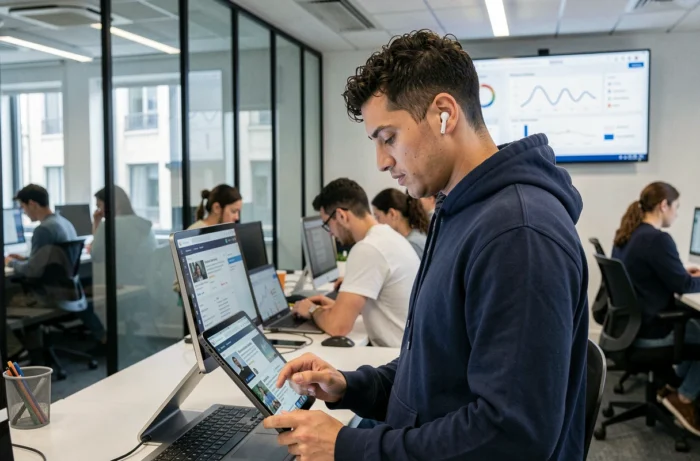 Jeune professionnel consultant des actualités et outils web sur une tablette dans un espace de coworking