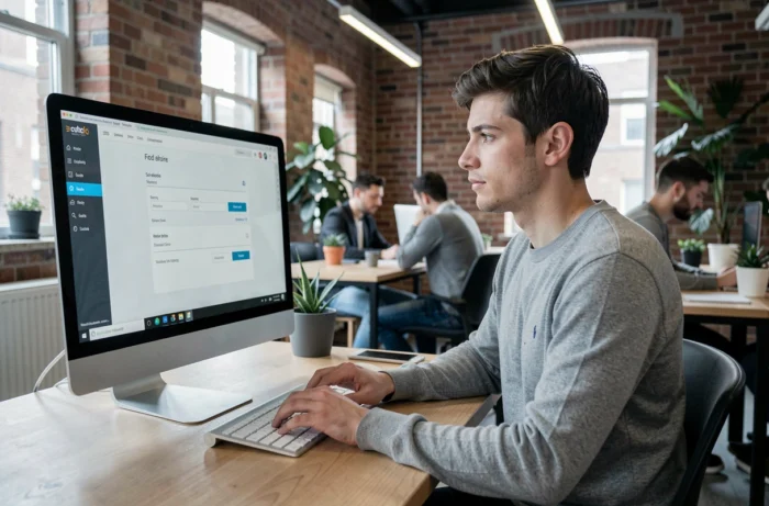 Jeune homme consultant un outil de création de CV en ligne dans un espace de coworking moderne