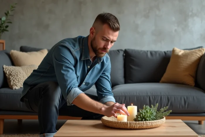 Homme arrangeant une composition décorative sur une table basse en bois avec plateau en rotin et bougies dans un salon moderne et chaleureux