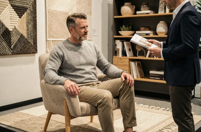 Homme testant un fauteuil design au Salon de la Maison lors d'un échange avec un conseiller en décoration