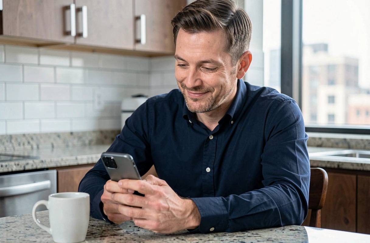 Homme gérant ses services locatifs en ligne via l'application MyFoncia sur smartphone dans une cuisine moderne