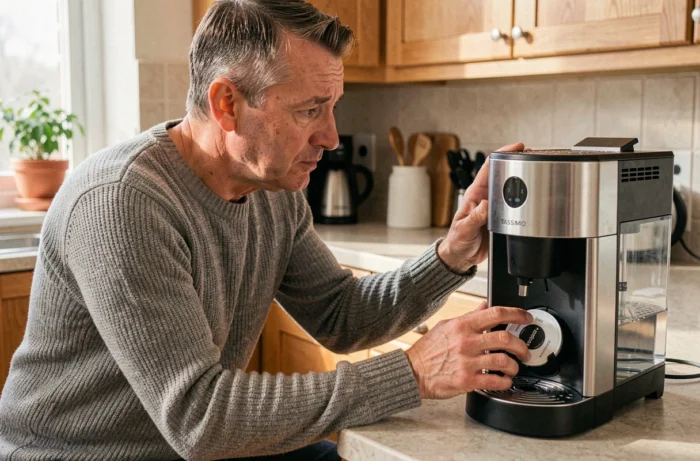 Homme inspectant sa machine à café Tassimo pour comprendre pourquoi elle verse de petites quantités de café
