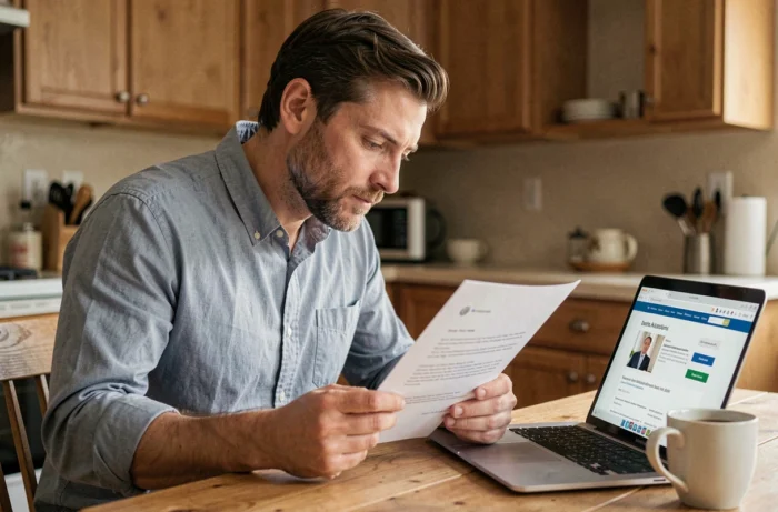 Homme lisant attentivement des documents juridiques à domicile avec un ordinateur portable ouvert à ses côtés