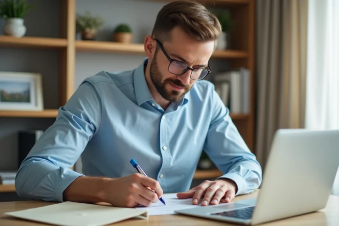 Homme rédigeant une lettre de résiliation d'assurance habitation à son bureau à domicile