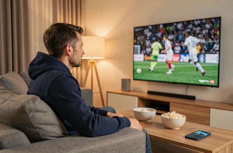 Homme regardant la Ligue 1 sur Amazon Prime Video dans son salon moderne