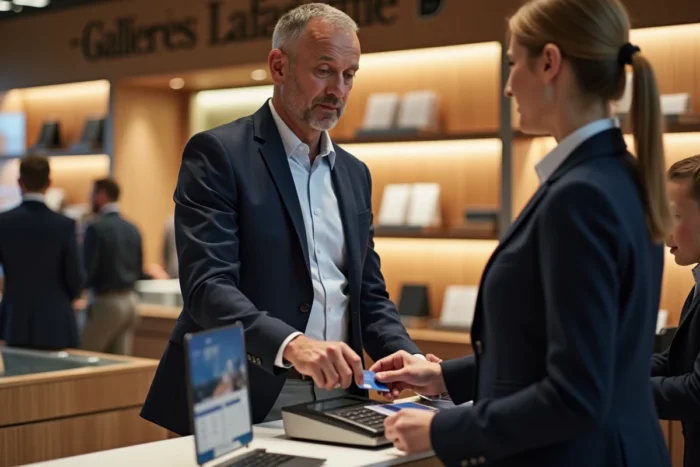 Homme utilisant sa carte de fidélité Galeries Lafayette au moment du paiement en caisse