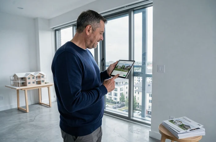Homme consultant une plateforme d'investissement immobilier sur tablette dans un appartement moderne avec vue urbaine