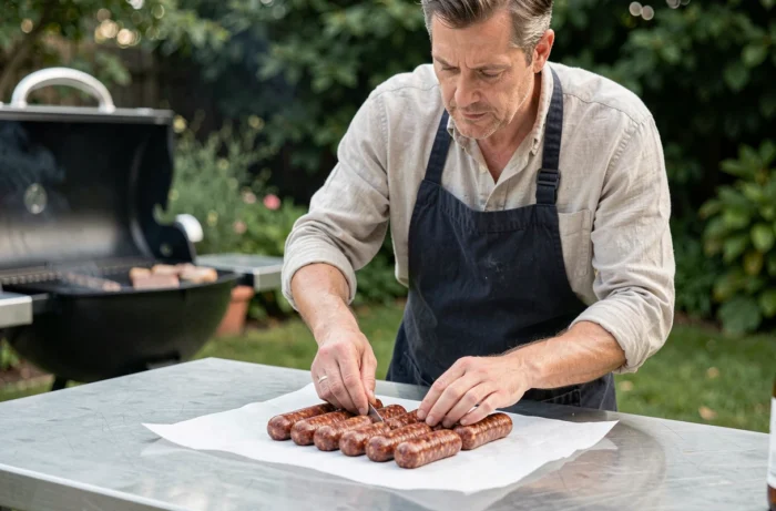 Homme disposant des merguez crues sur du papier boucher près d'un barbecue au charbon dans un jardin