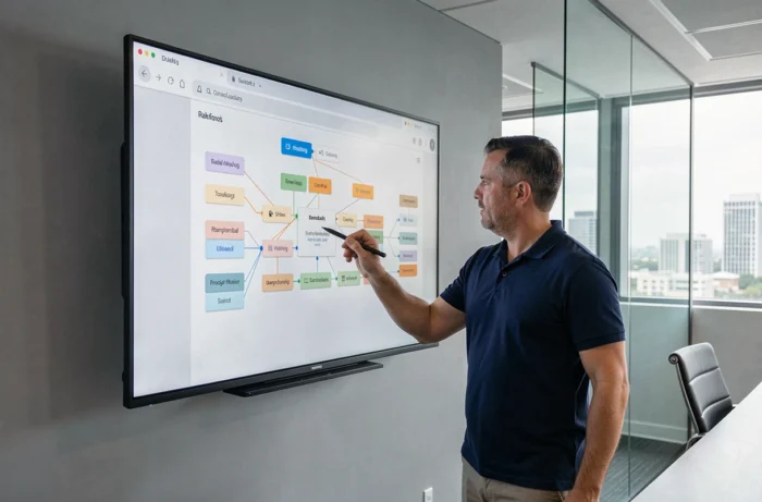 Homme présentant une architecture de site web structurée sur un écran numérique dans une salle de conférence moderne