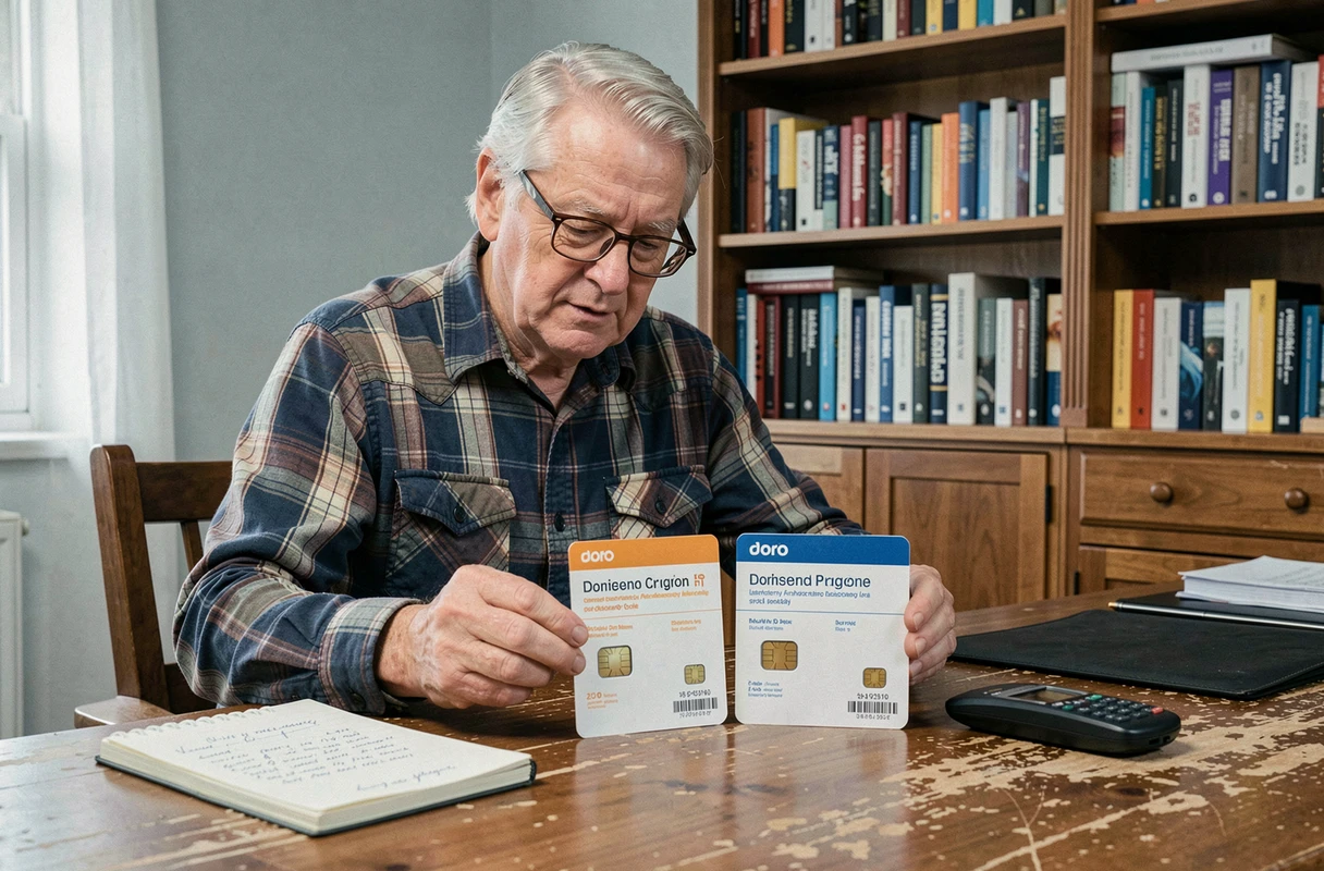 Homme senior comparant deux forfaits carte SIM à côté d'un téléphone Doro sur un bureau à domicile