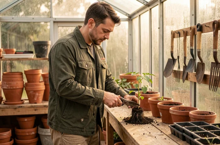 Homme jardinier dans une serre en verre taillant des jeunes plants de tomates sur un établi de rempotage en bois