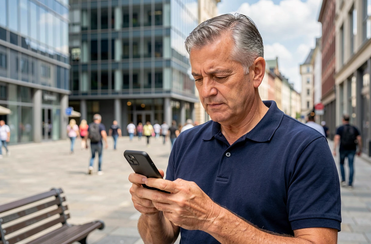 Homme d'âge mûr consultant Internet sur son smartphone en plein centre-ville européen