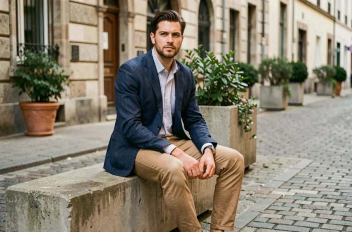 Homme tendance en blazer bleu marine assis dans une rue pavée européenne au style éditorial