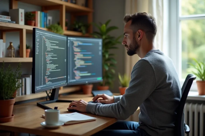 Homme travaillant depuis chez lui sur un poste informatique double écran pour piloter sa transition numérique