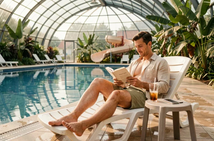 Homme se relaxant au calme sur un transat au bord de la piscine intérieure d'Aquaboulevard Paris en dehors des heures de pointe