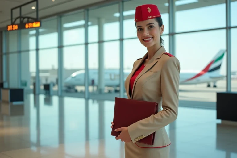 Hôtesse de l'air Emirates en uniforme beige et rouge dans un terminal d'aéroport moderne avec vue sur un avion au sol
