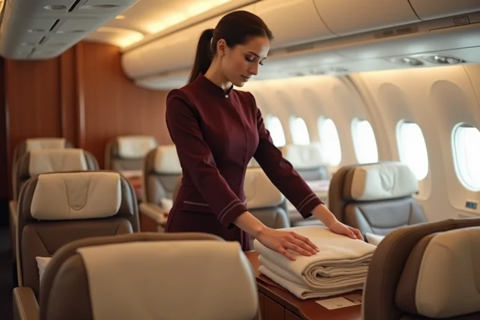 Hôtesse Emirates en cabine première classe d'un avion préparant un siège flat-bed pour un passager