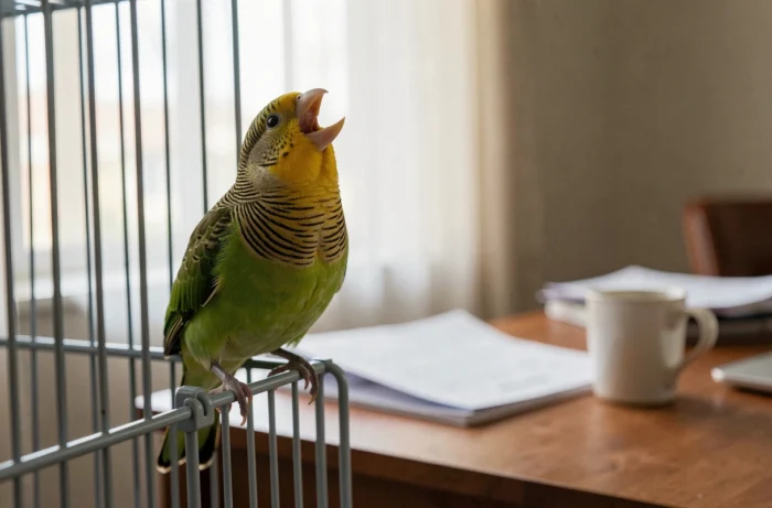 Inséparable agapornis seul sur le bord de sa cage ouverte, bec ouvert en plein chant, tête levée, détail du plumage très net dans un bureau à domicile