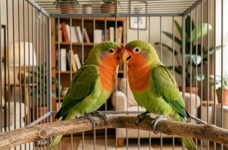 Deux inséparables agapornis perchés côte à côte sur une branche en bois dans une cage, l'un faisant la toilette de l'autre tout en vocalisant, plumage vert et orange très détaillé