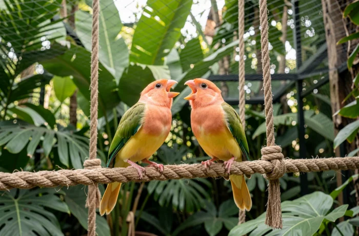 Deux inséparables agapornis face à face sur une balançoire de corde dans une volière extérieure entourée de feuillage tropical, vocalisant ensemble, plumage pêche très détaillé