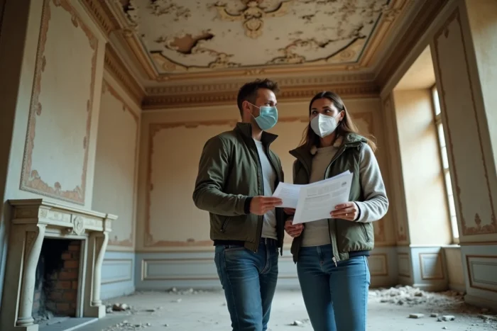 Couple inspectant l'intérieur délabré d'un château abandonné avec des documents d'évaluation, plafonds effondrés et boiseries détériorées visibles