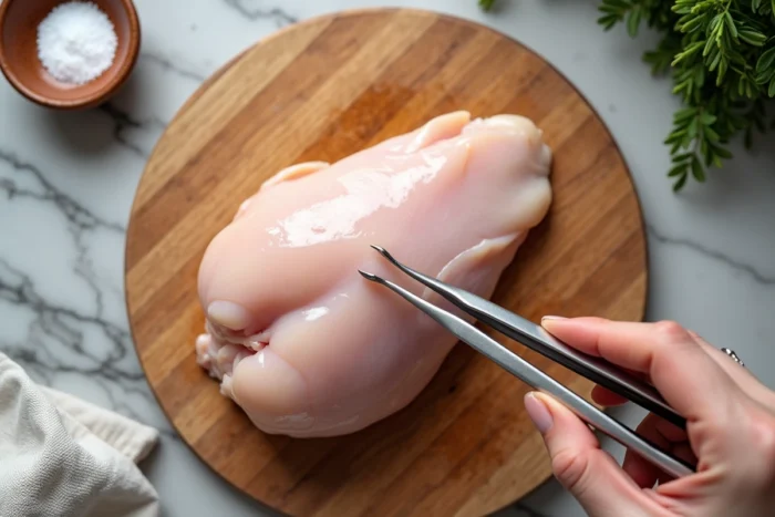 Gros plan d'une main féminine utilisant une pince de cuisine pour inspecter et retirer des impuretés sur un blanc de poulet cru posé sur une planche en bois
