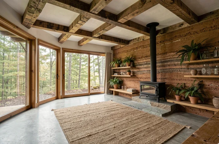 Intérieur lumineux d'une maison écologique avec poutres en bois recyclé, mur en pisé, poêle à bois et grandes fenêtres donnant sur une forêt
