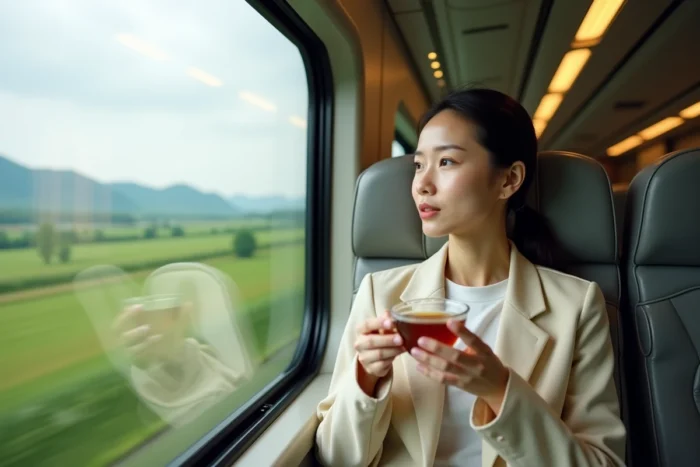 Passagère dans un train à grande vitesse chinois regardant le paysage défiler par la fenêtre