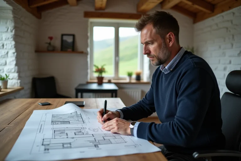 Un investisseur étranger examine des documents immobiliers dans une maison traditionnelle des Îles Féroé