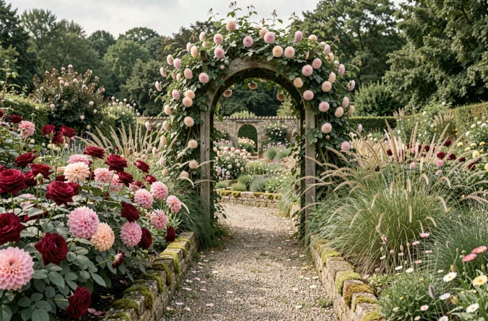 Jardin anglais en pleine floraison avec roses, dahlias et treillage en bois recouvert de clématites grimpantes